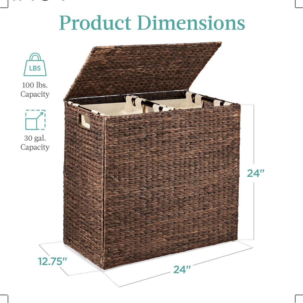 Large Natural Water Hyacinth Double Laundry Hamper Basket with 2 Liner Bags O227047