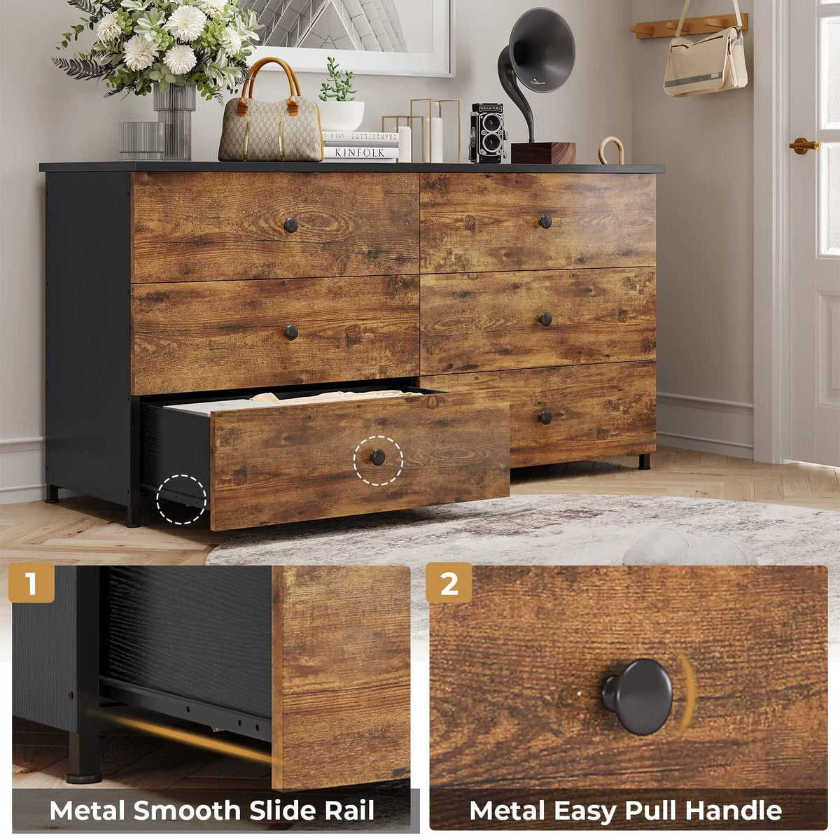 Brown 6 Drawer Wooden Dresser with Steel Frame Z4528