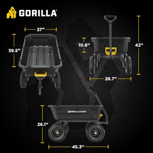 Heavy-Duty Steel Frame Dump Cart with 600 lb Capacity and No-Flat 10-Inch Tires H396