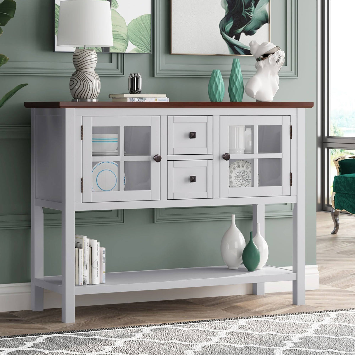 Modern Console Table with 2 Drawer, Cabinet, Shelf, White and Brown Wood A204
