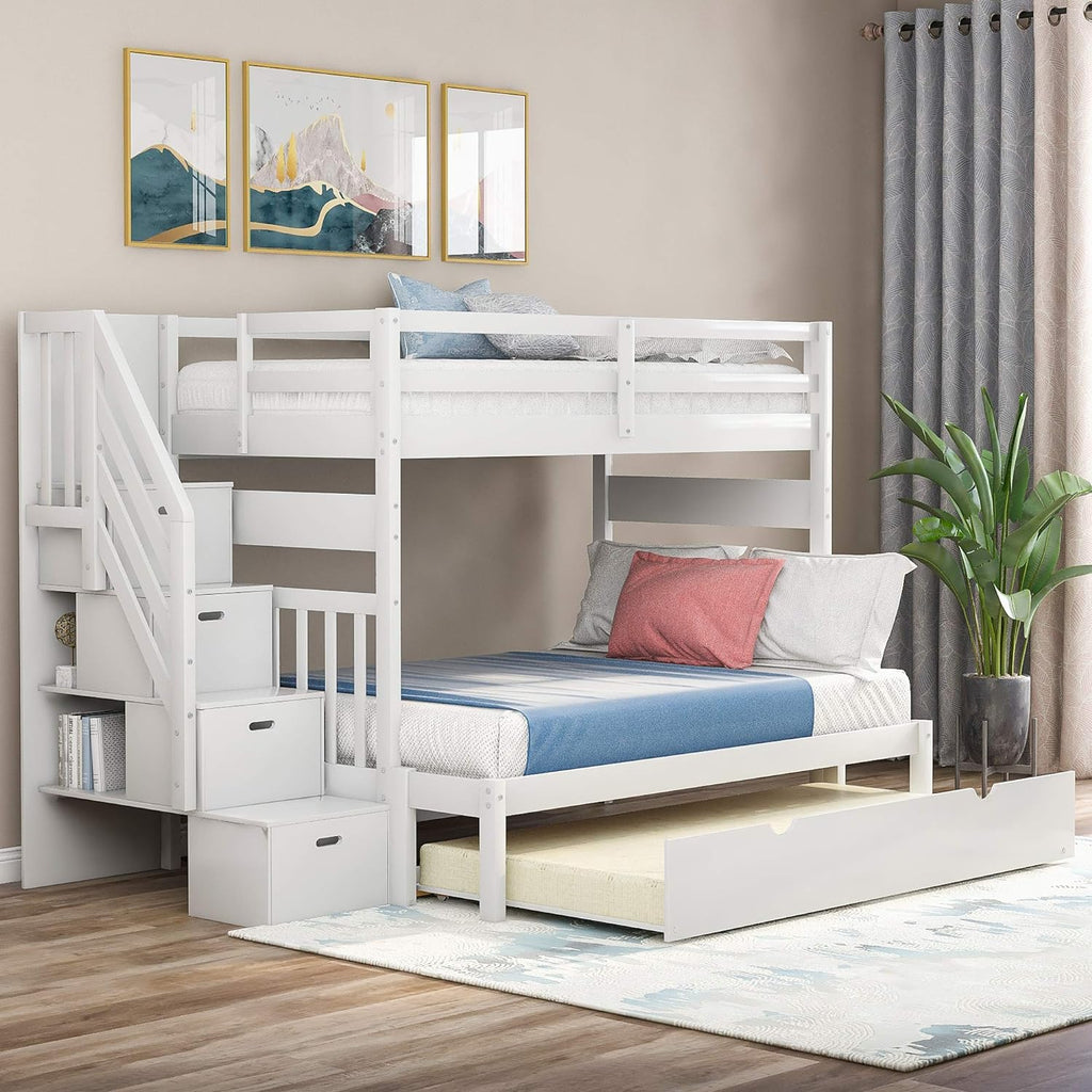 White Twin Over Twin Bunk with Trundle, 4 Drawers, and 3 Shelves V70062