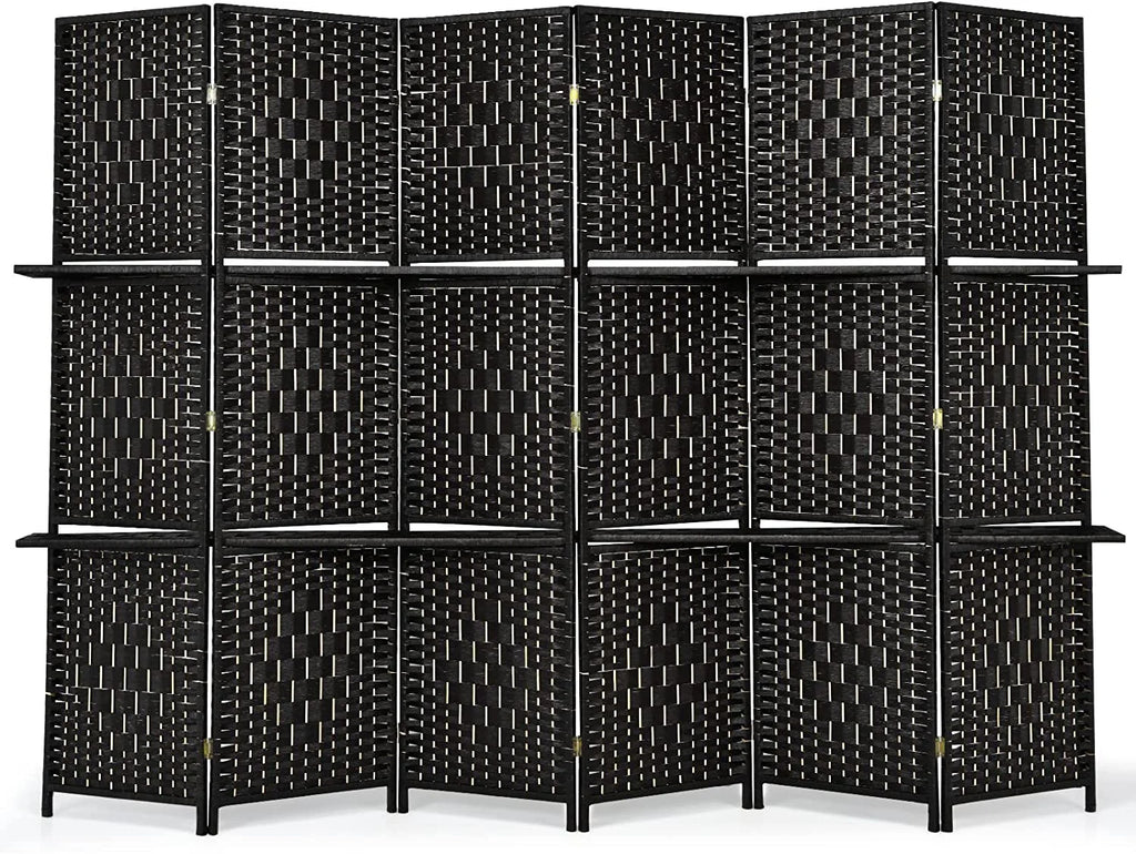 6Ft 6 Panel Hand-Woven Rattan Room Divider with Shelves M109
