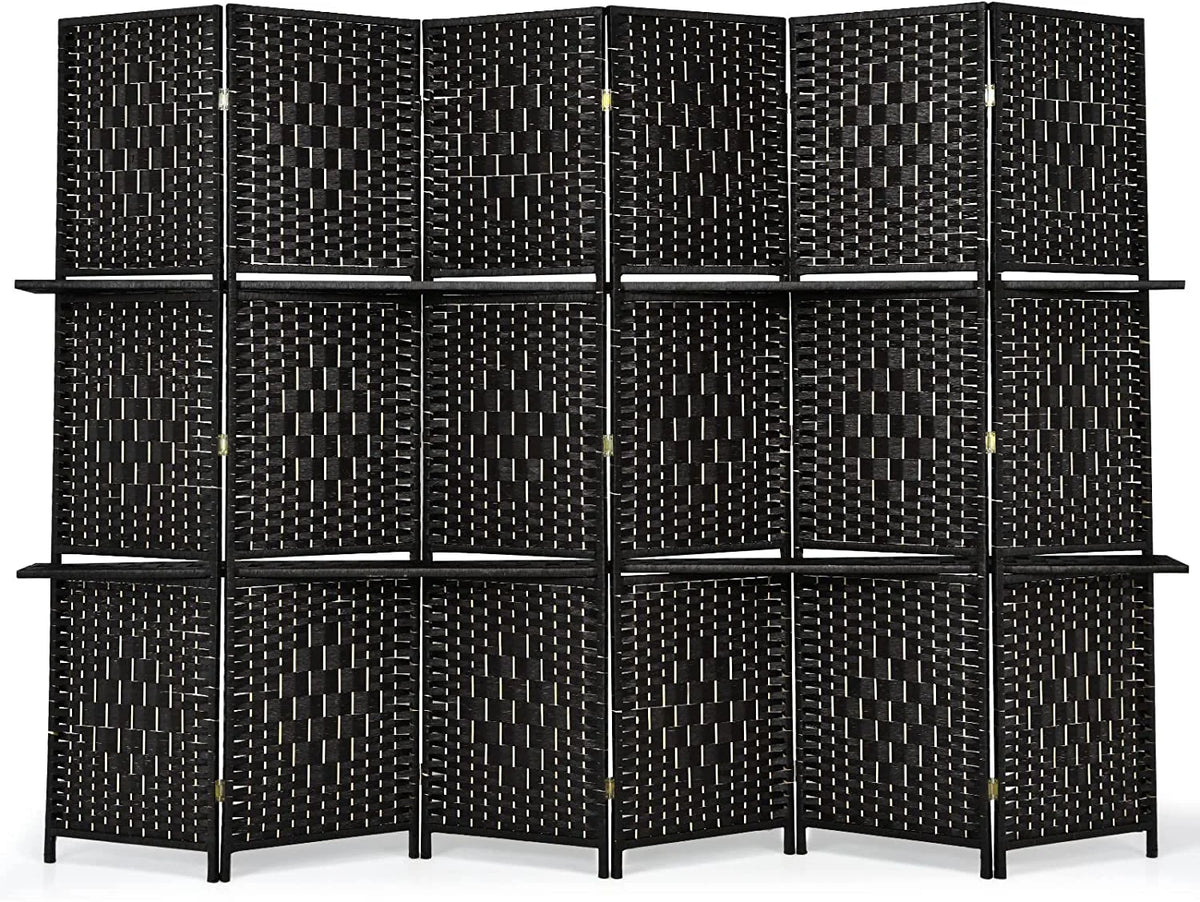 6Ft 6 Panel Hand-Woven Rattan Room Divider with Shelves M109
