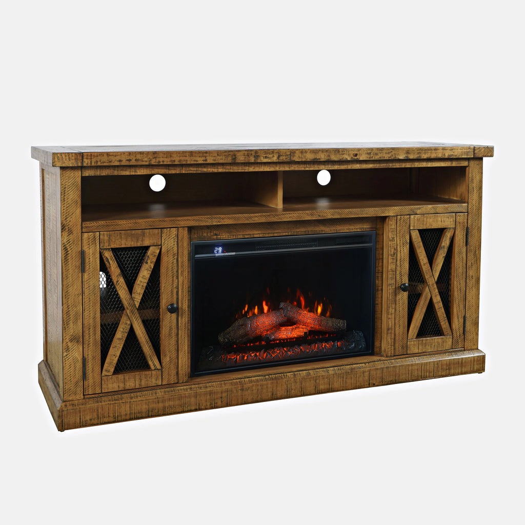 Rustic Solid Pine Storage Console TV Stand with Electric Fireplace Z85713