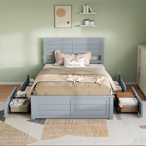 Full Size Wood Bed Frame with Headboard and 4 Storage Drawers Y172243