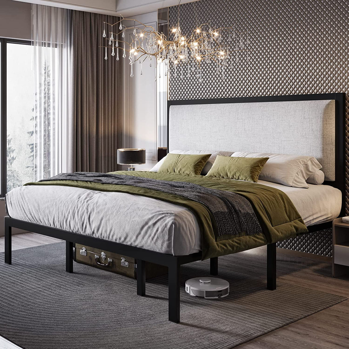 Queen Size Grey Metal Platform Bed Frame with Upholstered Headboard J8935