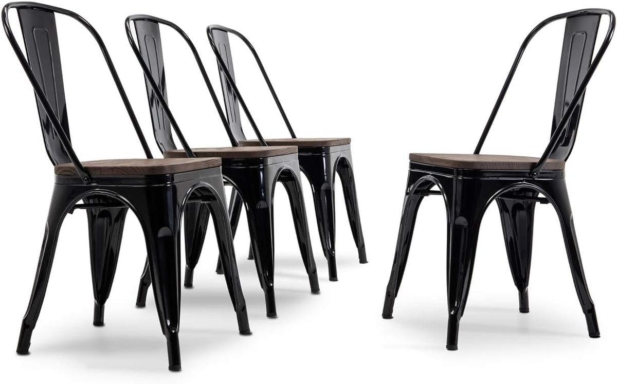 Set of 4 Stackable Metal Dining Chairs with Wood Seat F67303