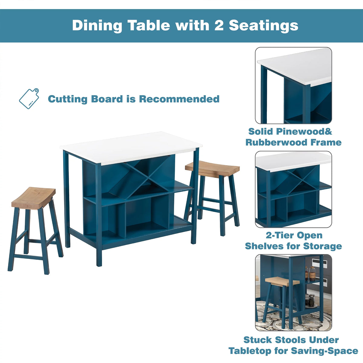 3-piece Wood Kitchen Island Set with 2 Seatings G673