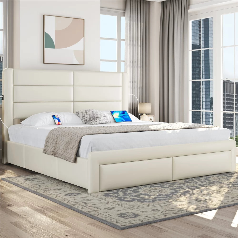Beige Upholstered Platform Bed with 3 Storage Drawers and USB Ports N595