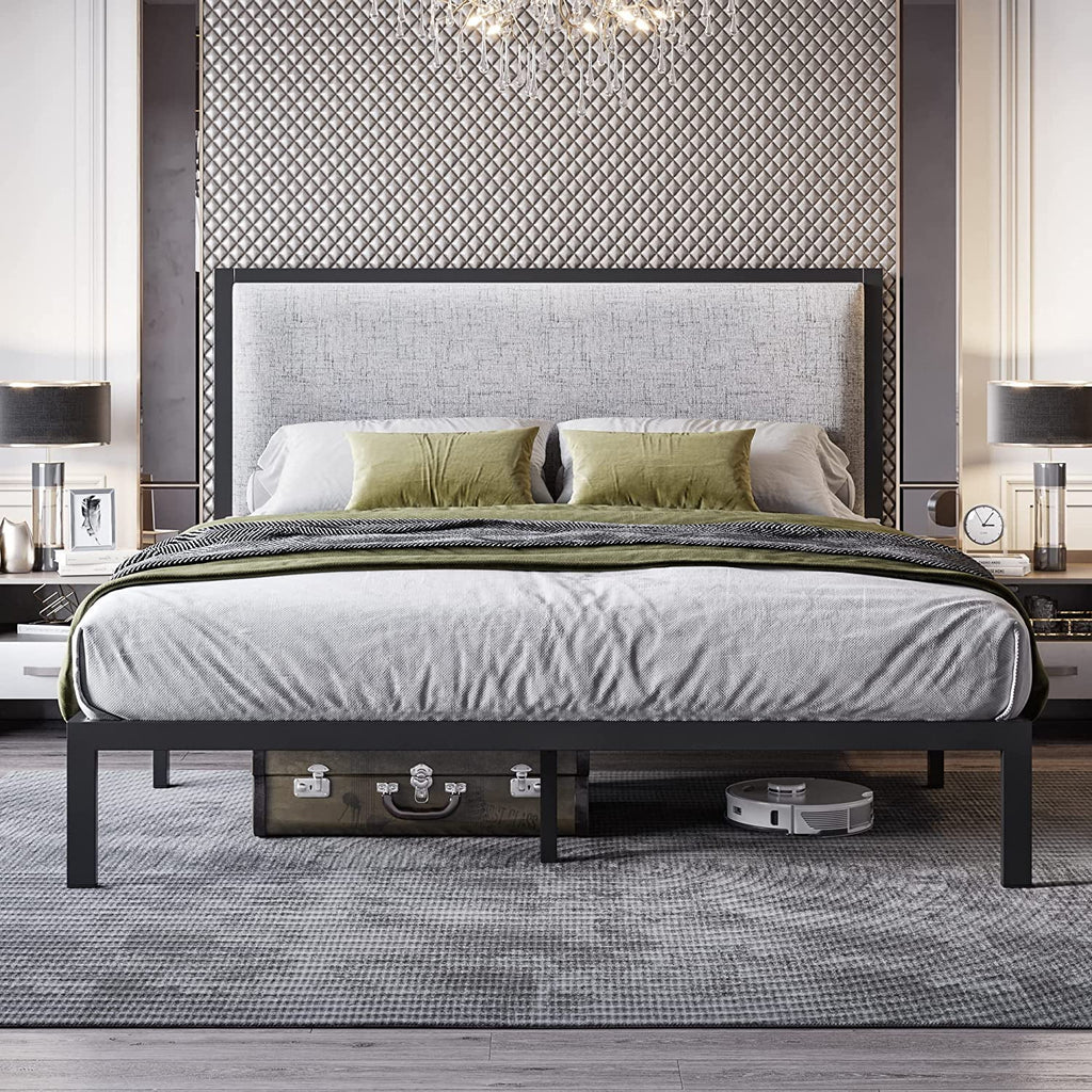 Queen Size Grey Metal Platform Bed Frame with Upholstered Headboard J8935