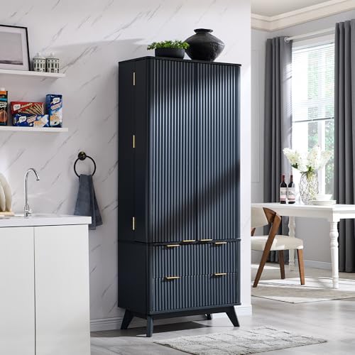 72" Dark Grey Wood Pantry Cabinet with 10 Door Shelves & 2 Drawers L198