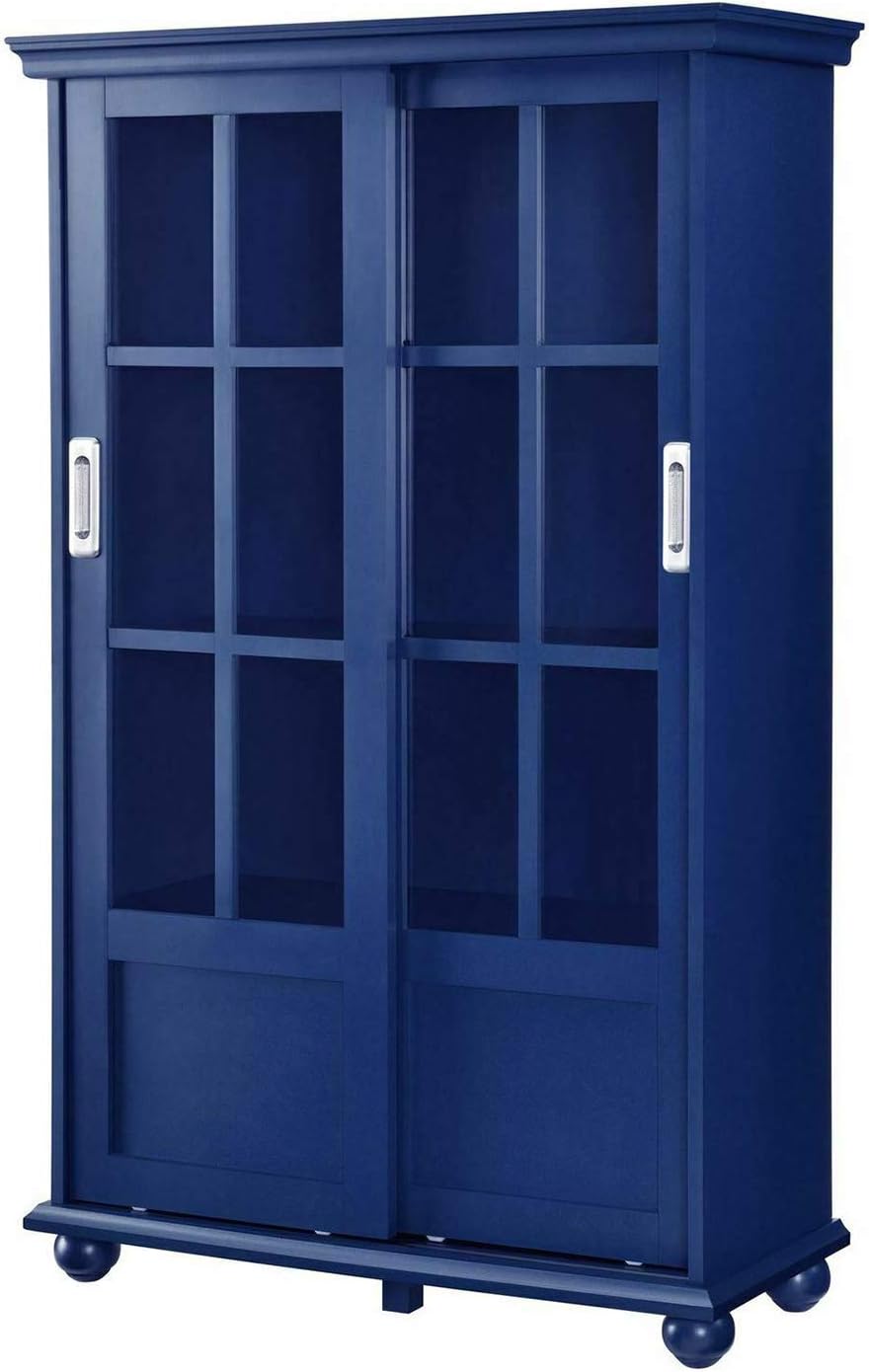 Navy Blue 4 Shelves Wooden Bookcase with Glass Door W98473