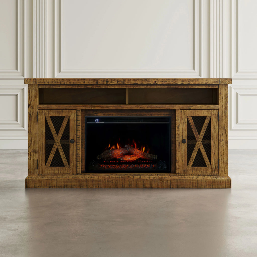 Rustic Solid Pine Storage Console TV Stand with Electric Fireplace Z85713