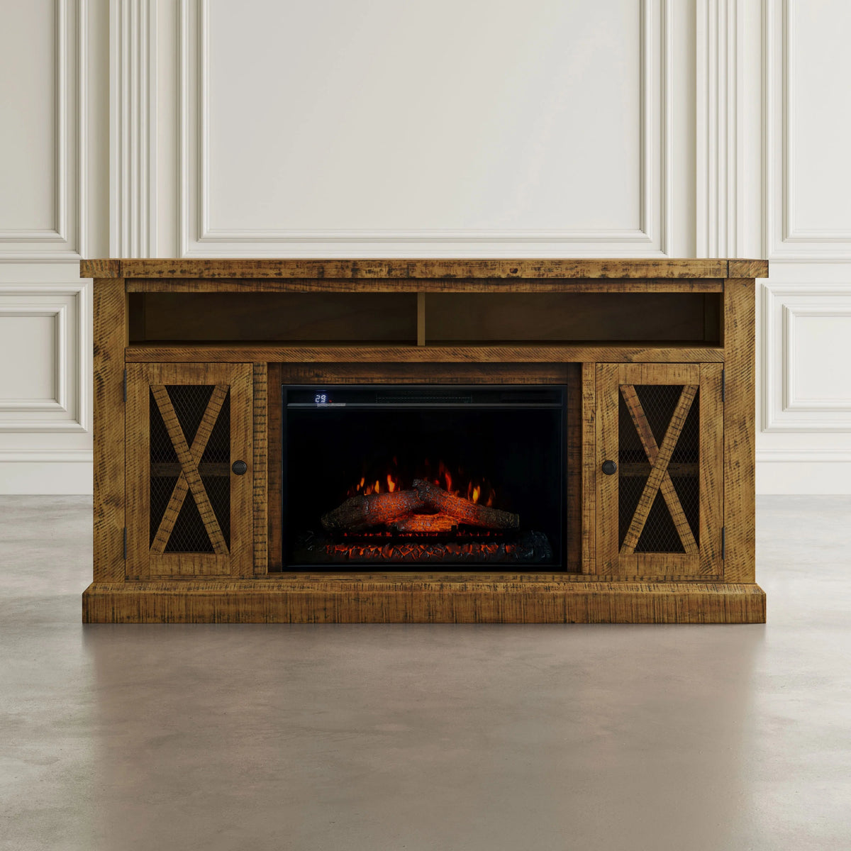 Rustic Solid Pine Storage Console TV Stand with Electric Fireplace Z85713
