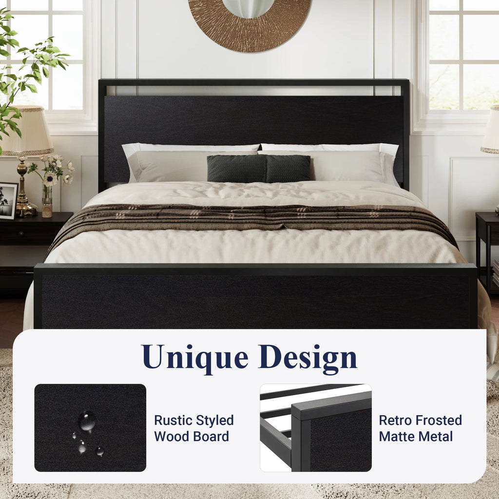 Walnut King Size Platform Bed Frame with Wood Headboard A7215