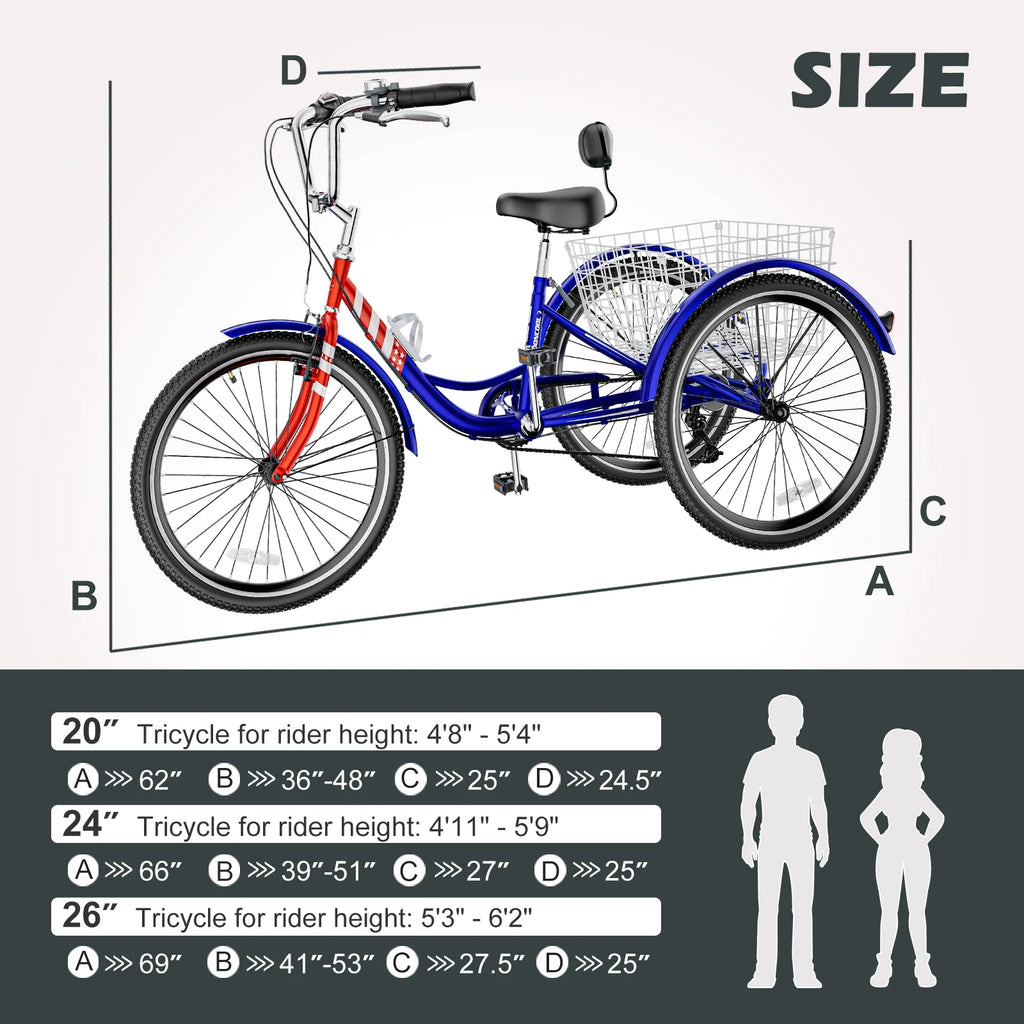 Adult Tricycles 3 Wheel 7 Speed 20 inch with Big Basket Y528