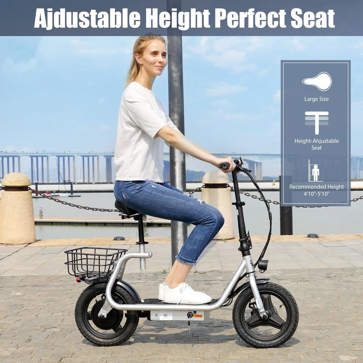 800W Adults Folding Electric Scooter with Removable Seat, Basket, 14" Tire, Silver B498