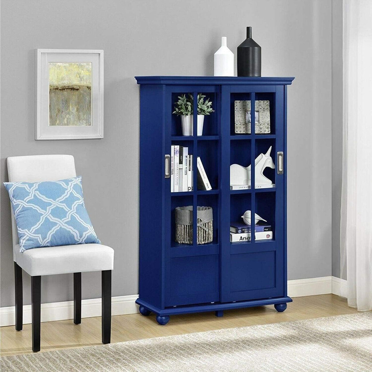 Navy Blue 4 Shelves Wooden Bookcase with Glass Door W98473