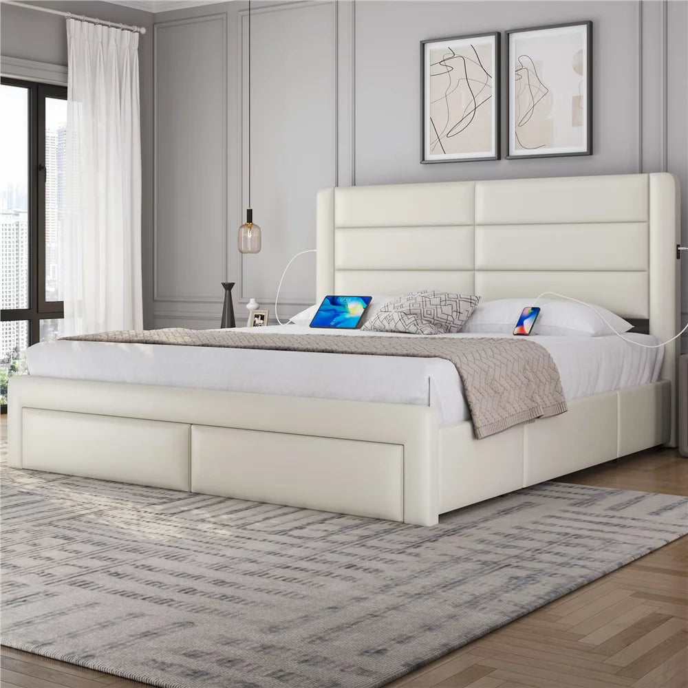 Beige Upholstered Platform Bed with 3 Storage Drawers and USB Ports N595