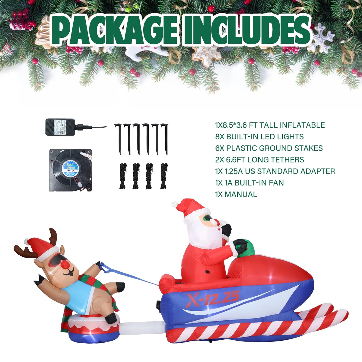 Snowmobile Santa Claus and Reindeer Sleigh Inflatable with LED I814
