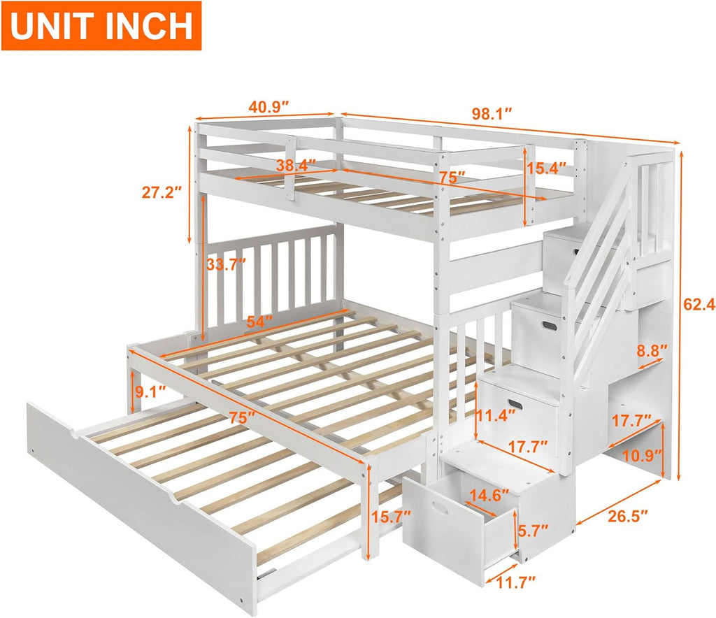 White Twin Over Twin Bunk with Trundle, 4 Drawers, and 3 Shelves V70062
