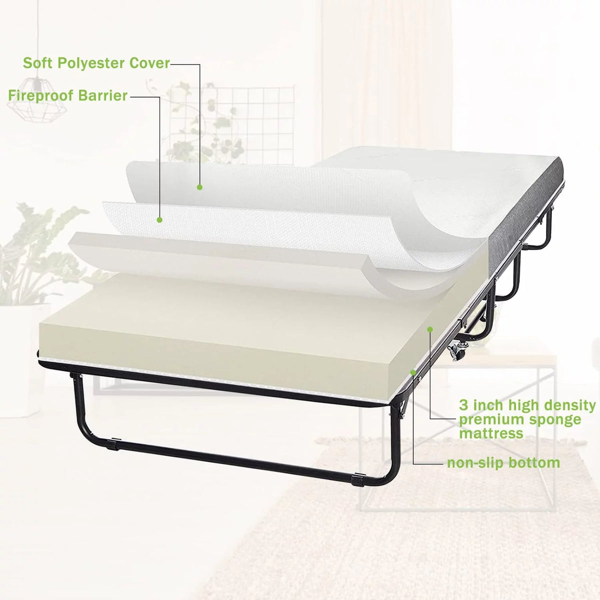 Folding Guest Bed with 4 inch Mattress Twin Size V1000