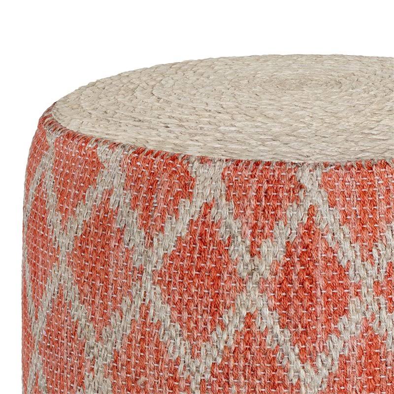 Coral and Natural Woven Braided Jute Round Pouf O5383
