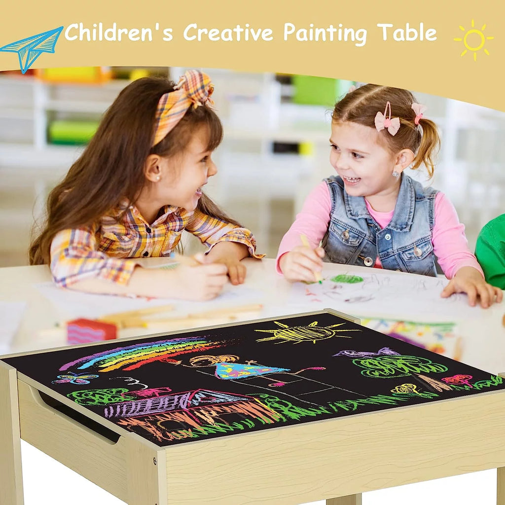 Wooden Kids Table and 2 Chairs Set with Storage U7606