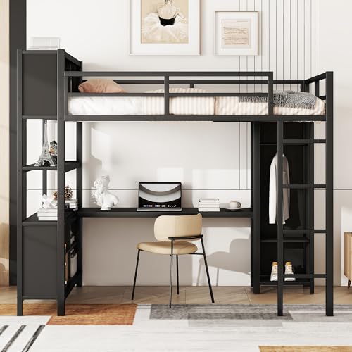 Full Size White Metal Loft Bed with L Shaped Desk and Wardrobe X681494