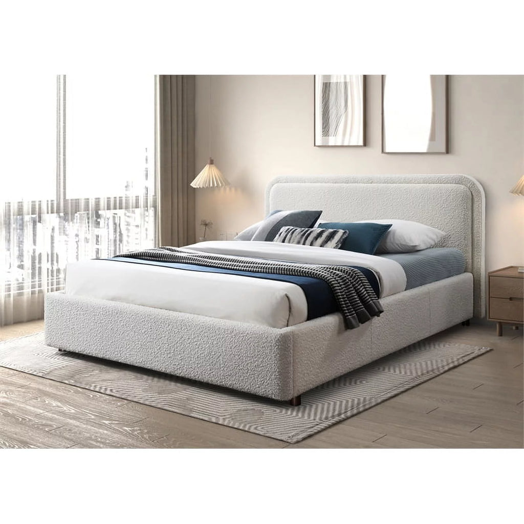 Queen Upholstered Platform Bed in White Boucle Fabric O45037