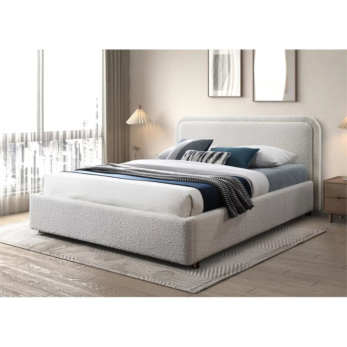 Queen Upholstered Platform Bed in White Boucle Fabric O45037