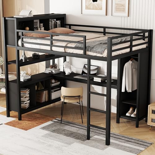 Full Size White Metal Loft Bed with L Shaped Desk and Wardrobe X681494