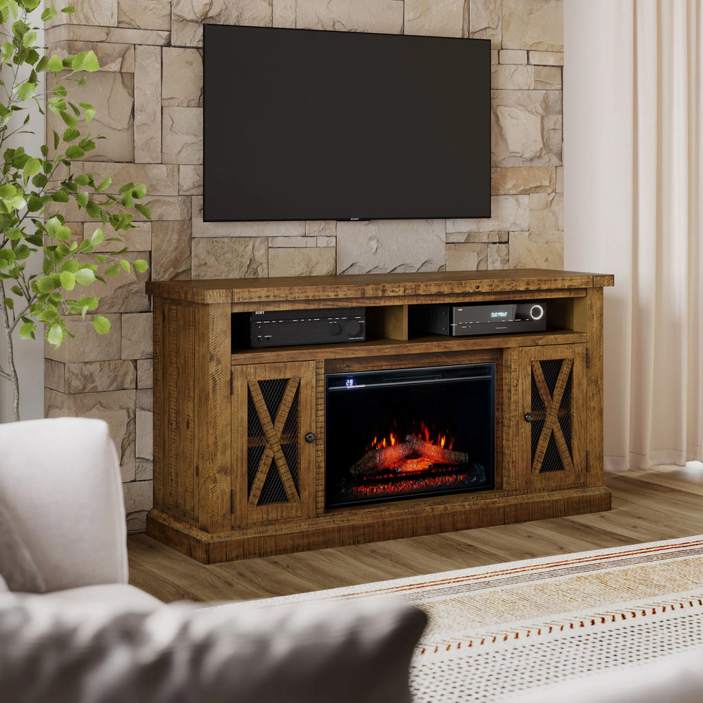 Rustic Solid Pine Storage Console TV Stand with Electric Fireplace Z85713
