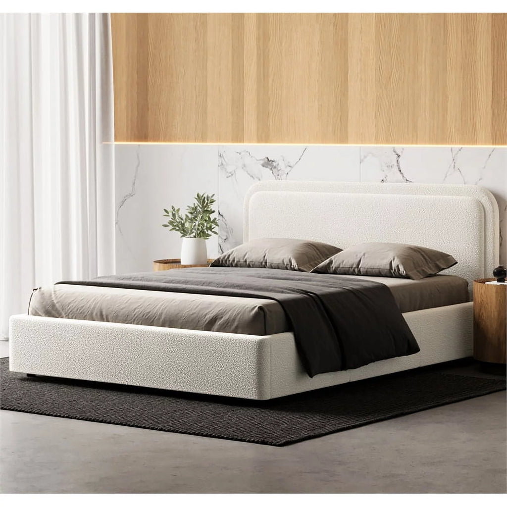 Queen Upholstered Platform Bed in White Boucle Fabric O45037
