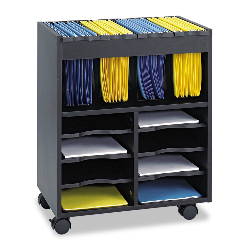 Black 8 Compartment Mobile Wood Letter File Cart Y954647