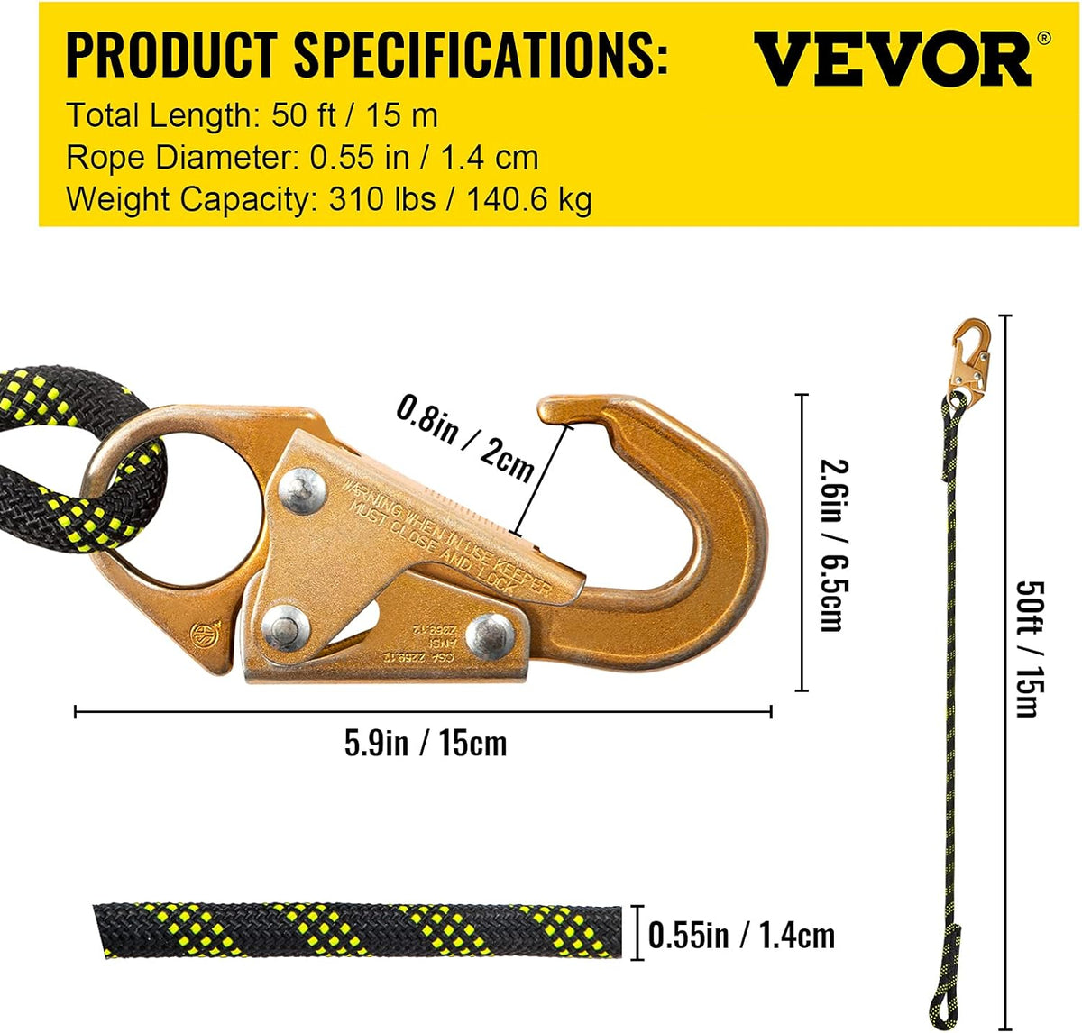 50 ft Polyester Fall Protection Rope with Alloy Steel Rope Grab, Pack of 2 Q44592