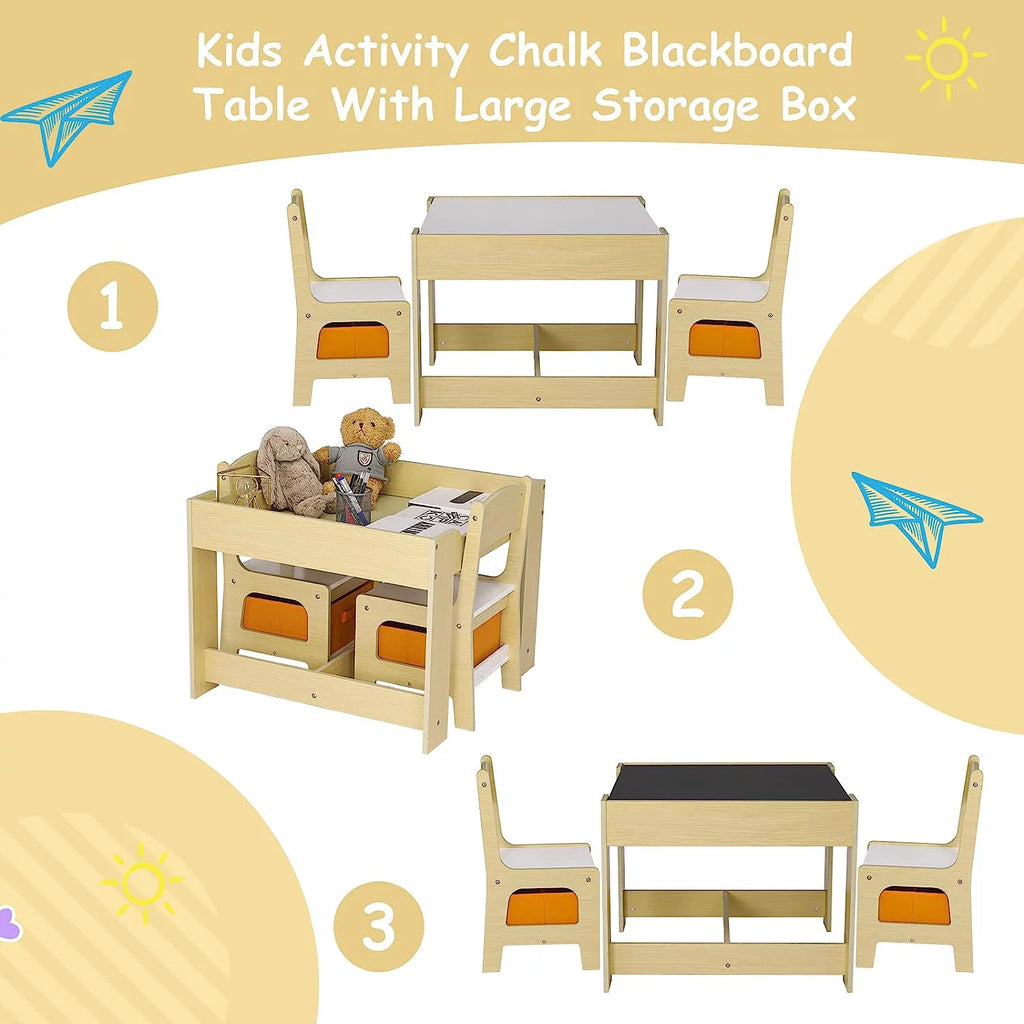 Wooden Kids Table and 2 Chairs Set with Storage U7606