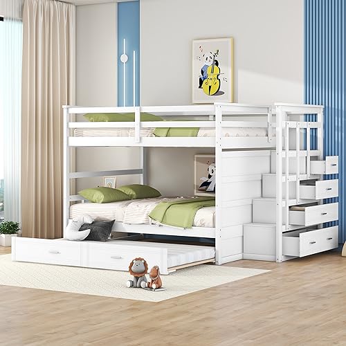 Full Over Full Wood Bunk Bed with Twin Trundle and Stairs, Espresso S97277