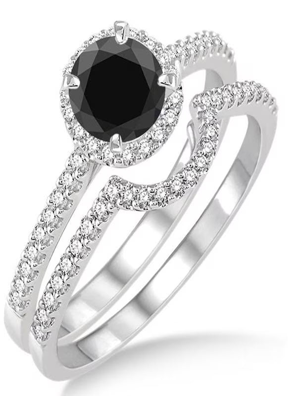 Black Diamond Halo Bridal Set Engagement Ring on 10k White Gold R3381