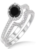 Black Diamond Halo Bridal Set Engagement Ring on 10k White Gold R3381