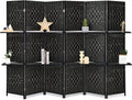 6Ft 6 Panel Hand-Woven Rattan Room Divider with Shelves M109