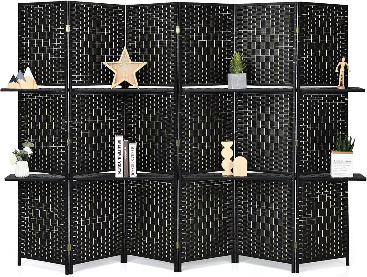6Ft 6 Panel Hand-Woven Rattan Room Divider with Shelves M109