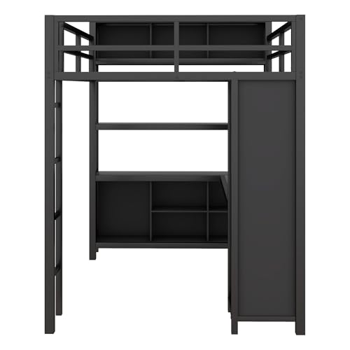 Full Size White Metal Loft Bed with L Shaped Desk and Wardrobe X681494