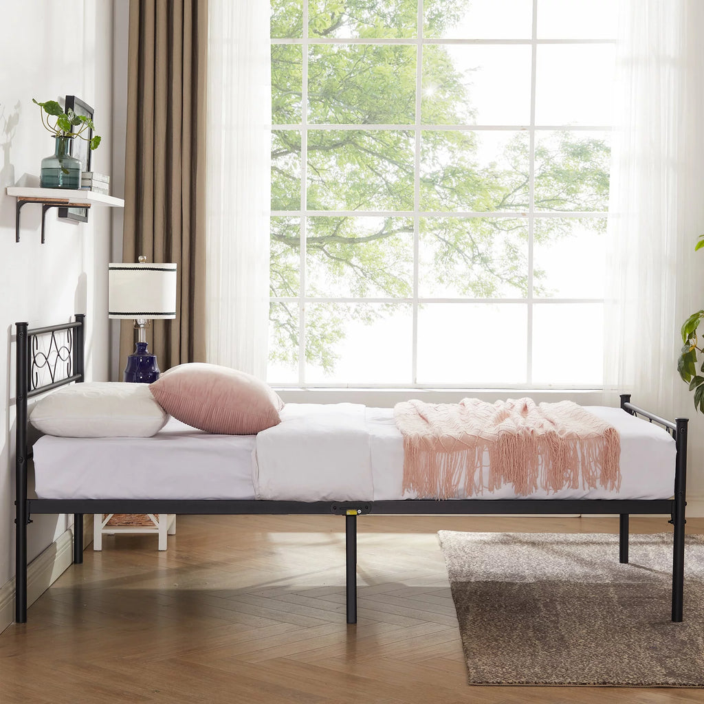 Twin Size Black Metal Platform Bed Frame with Headboard X44191