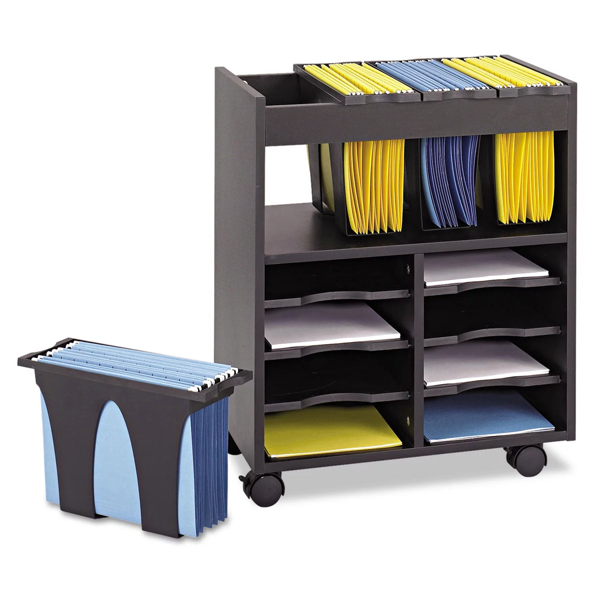 Black 8 Compartment Mobile Wood Letter File Cart Y954647