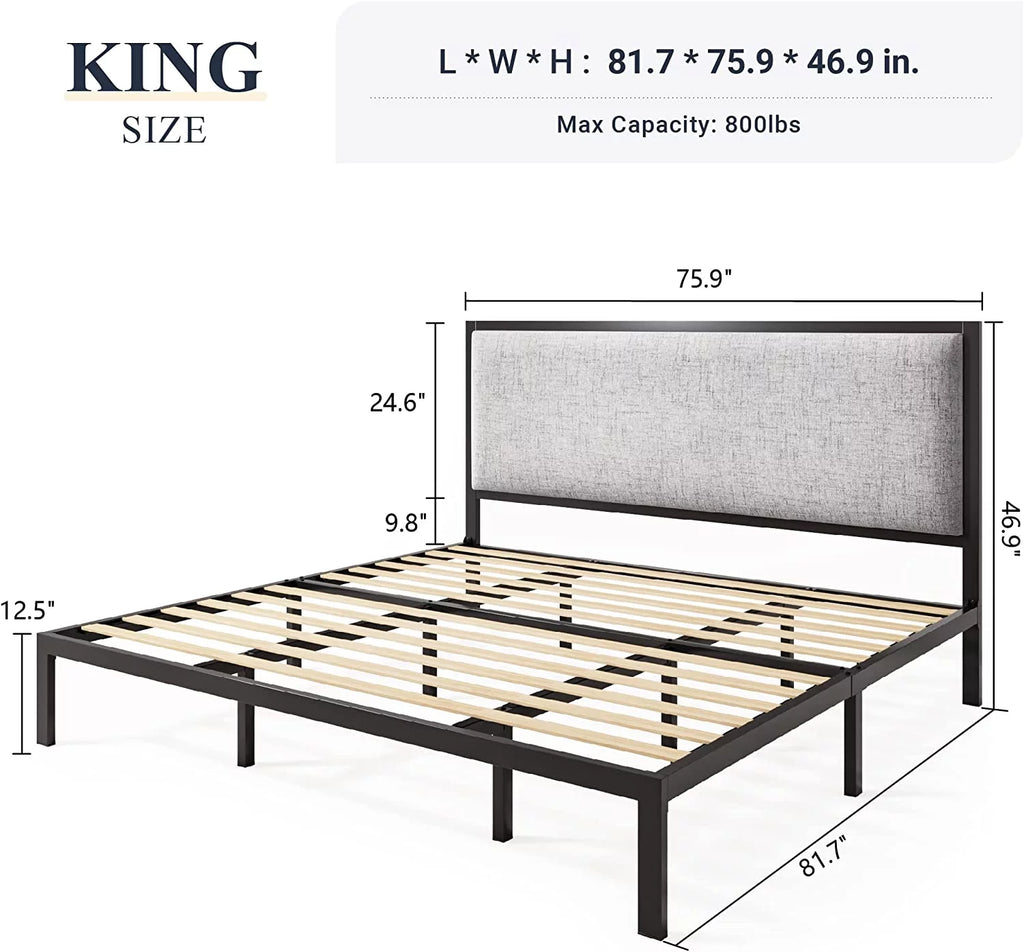 Queen Size Grey Metal Platform Bed Frame with Upholstered Headboard J8935