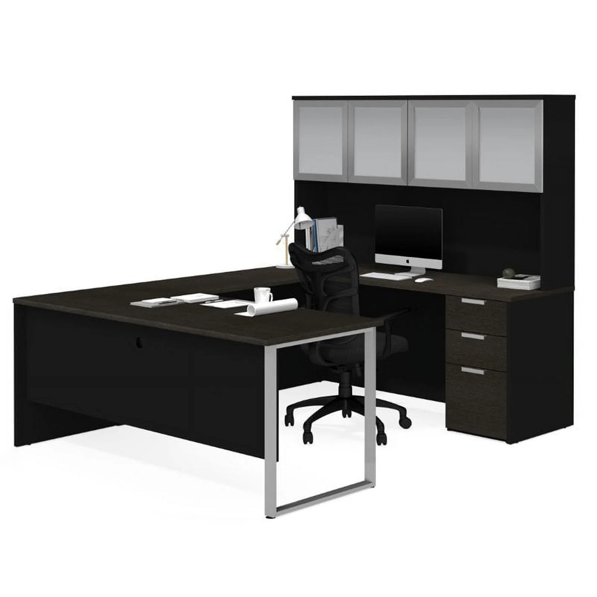 U Desk with 4 Door Hutch in Deep Gray and Black J159915