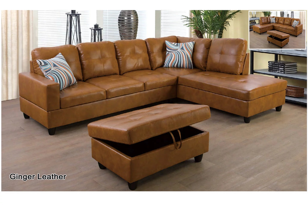 Ginger Leather L-Shaped Sectional Sofa with Chaise Storage Ottoman W9406