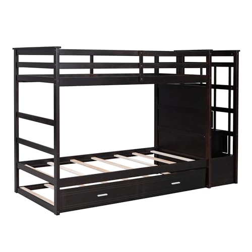 Full Over Full Wood Bunk Bed with Twin Trundle and Stairs, Espresso S97277