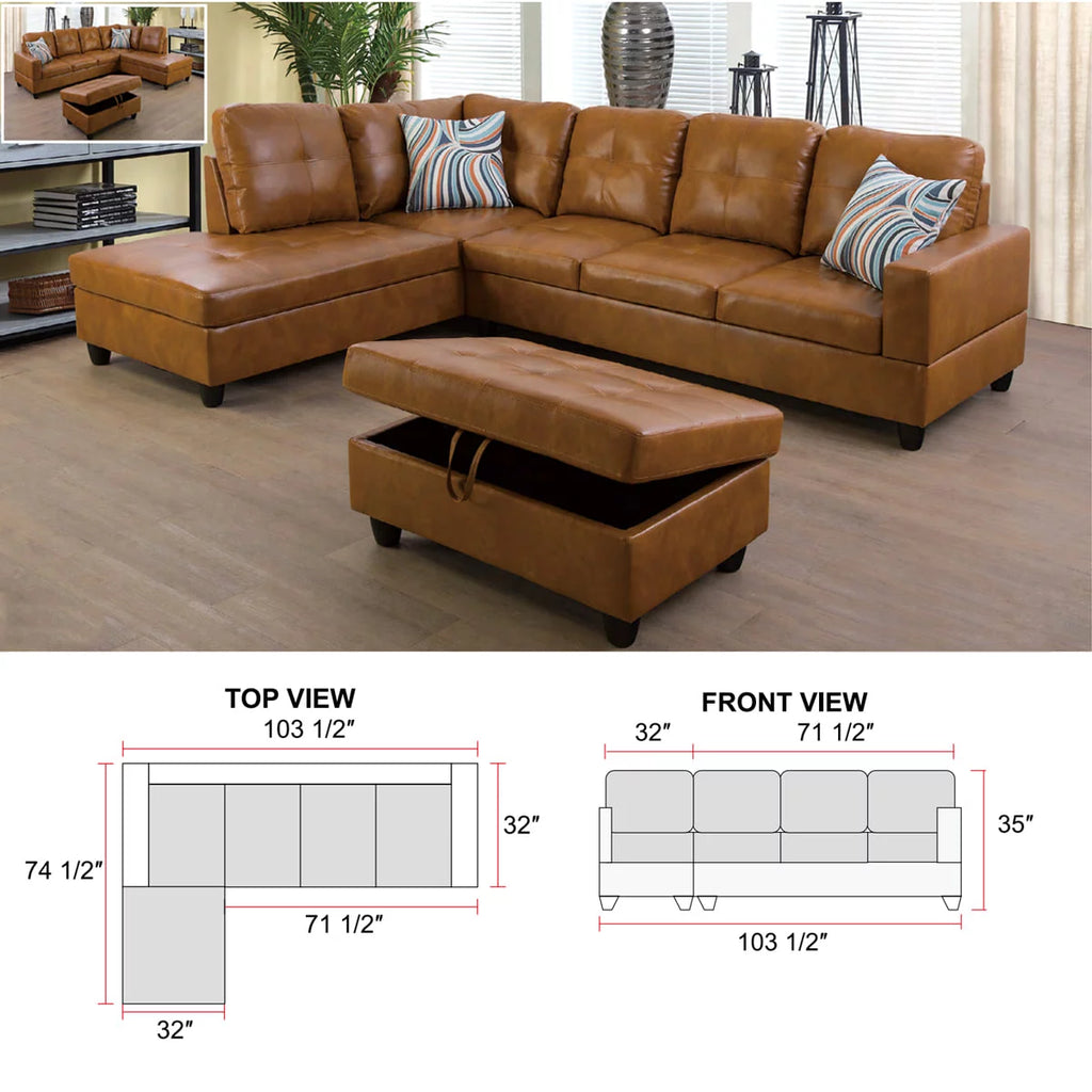 Ginger Leather L-Shaped Sectional Sofa with Chaise Storage Ottoman W9406